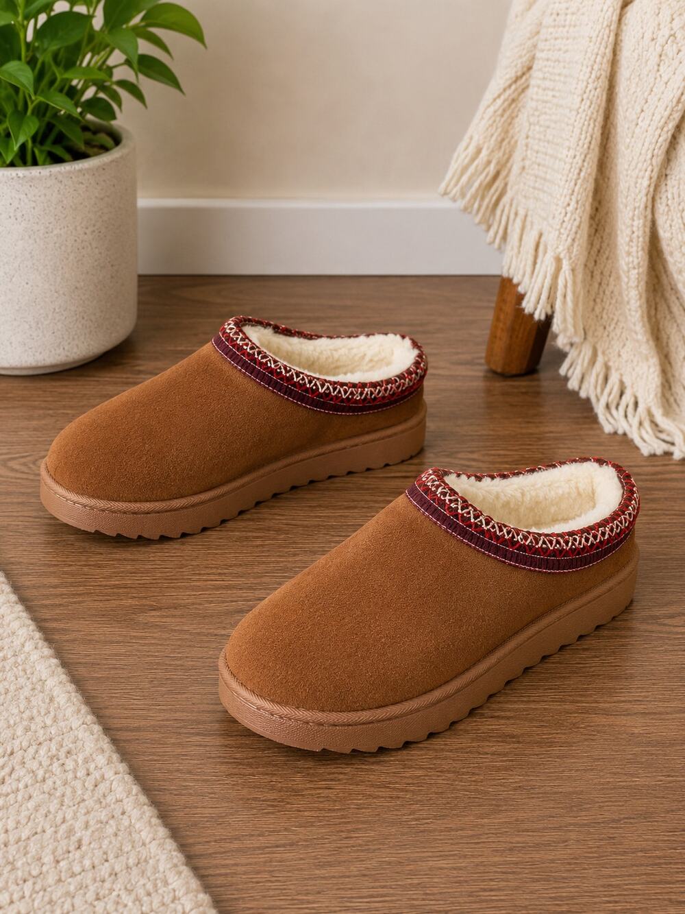 Women’s Slippers Size 36 EU US 5.5 Tan Faux Fur Lined Cozy NWOT